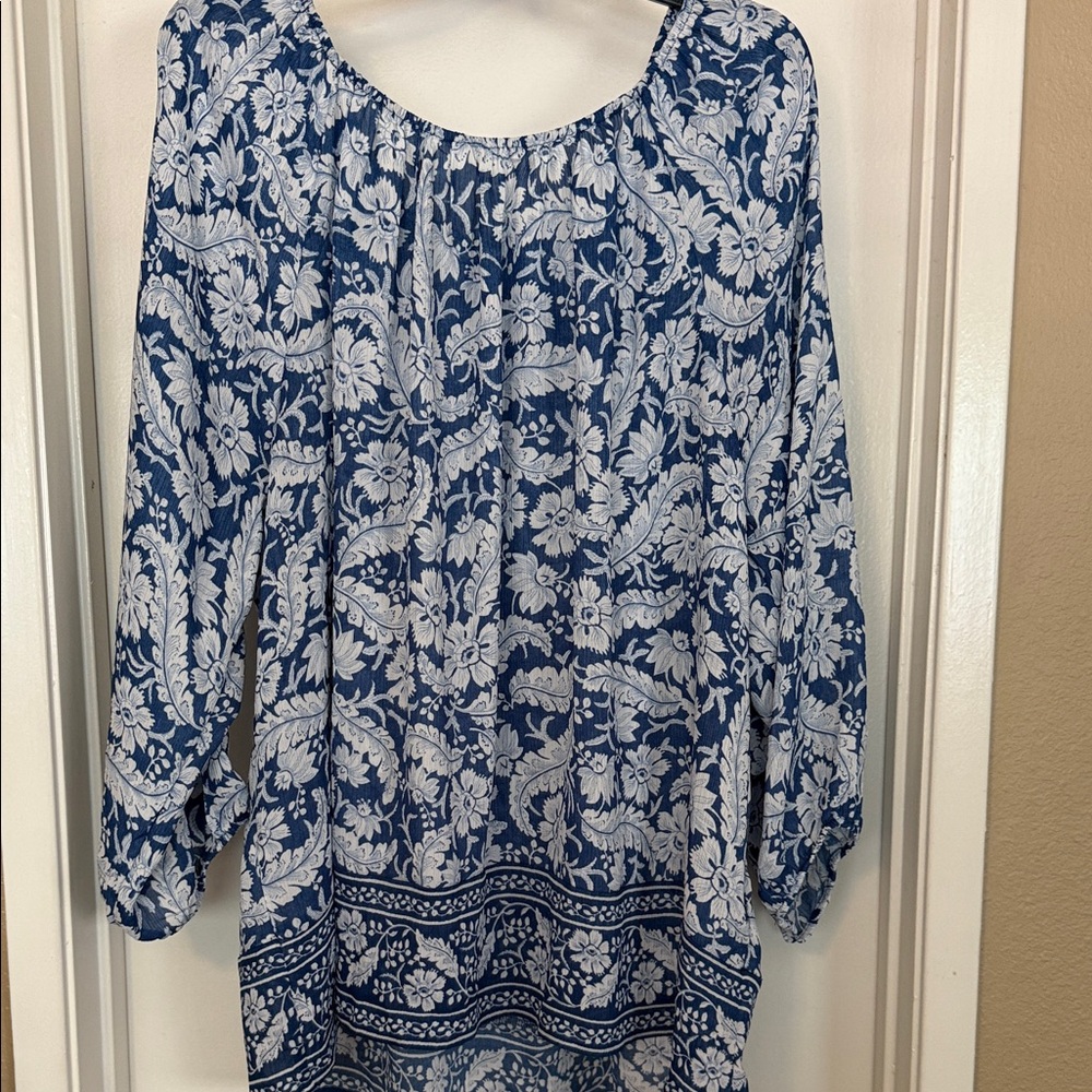 Chaps Navy and White Floral Blouse